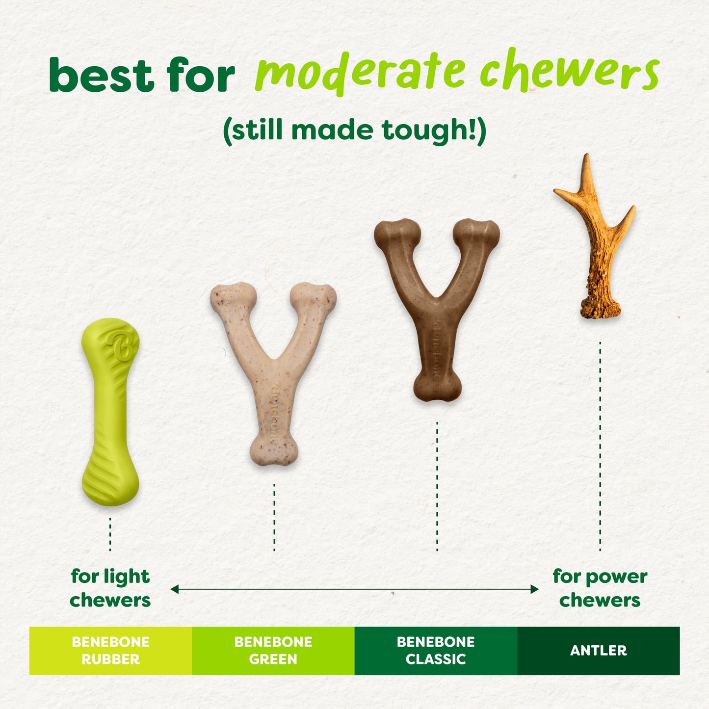 An infographic shows four dog chews for moderate chewers, including Benebone’s Green Wishbone—a durable, plant-based chew—plus Benebone Rubber (for light chewers), Benebone Classic, and an Antler (for power chewers).