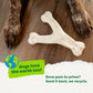 A close-up of a dog's paws beside a Benebone Green Wishbone on wood. Text: Dogs love the earth too! Bone worn out? Send it back—we recycle. Includes an Earth graphic. Product: Benebone Green Wishbone.