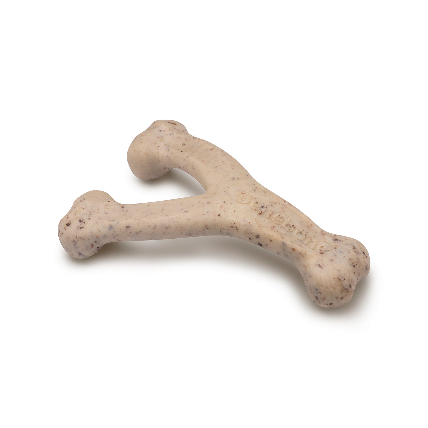 A green, wishbone-shaped dog chew toy by Benebone, featuring a speckled texture and the brand name engraved, is shown against a white background.