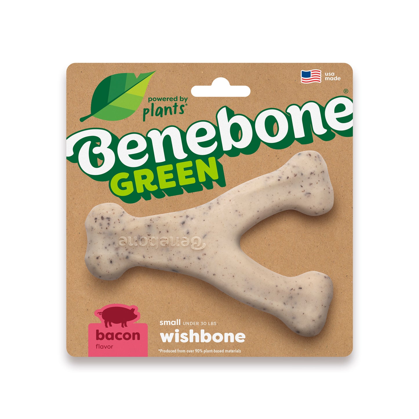 Benebone’s Green Wishbone is a small, Y-shaped, bacon-flavored dog chew in eco-friendly packaging with green text and a leaf graphic. Labeled plant-powered and plant-based, it’s proudly made in the USA.