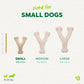Three Benebone Green Wishbone dog chews in small, medium, and large sizes are shown beside a pencil for scale. These plant-based treats suit small dogs (15–30 lbs) and offer a tasty alternative to traditional chews.