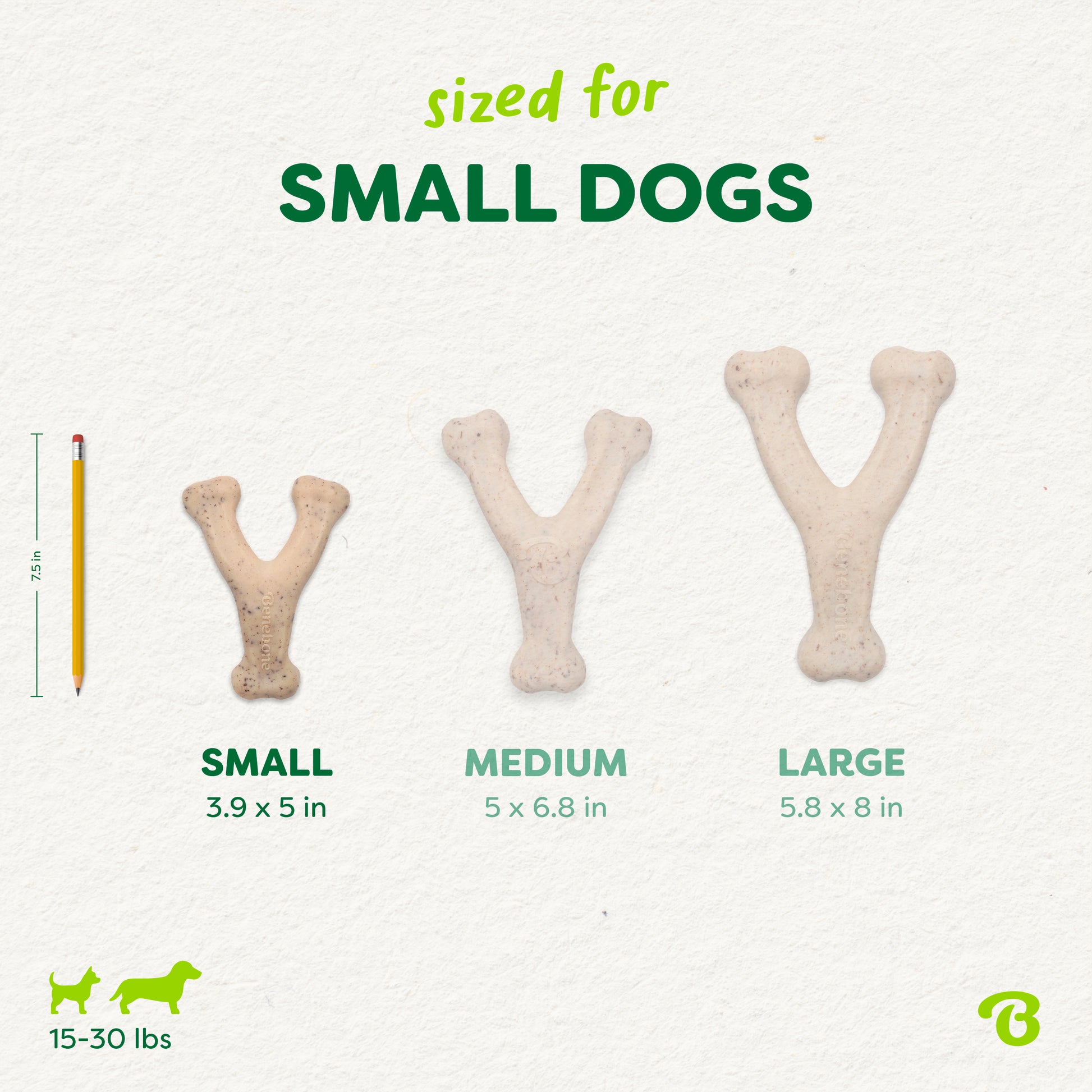 Three Benebone Green Wishbone dog chews in small, medium, and large sizes are shown beside a pencil for scale. These plant-based treats suit small dogs (15–30 lbs) and offer a tasty alternative to traditional chews.