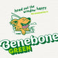 A happy dog with its head out a car window, tongue out and smiling. Text reads head out the window happy WE GUARANTEE IT. Benebone Green Wishbone long-lasting dog toy in bold green and yellow letters.