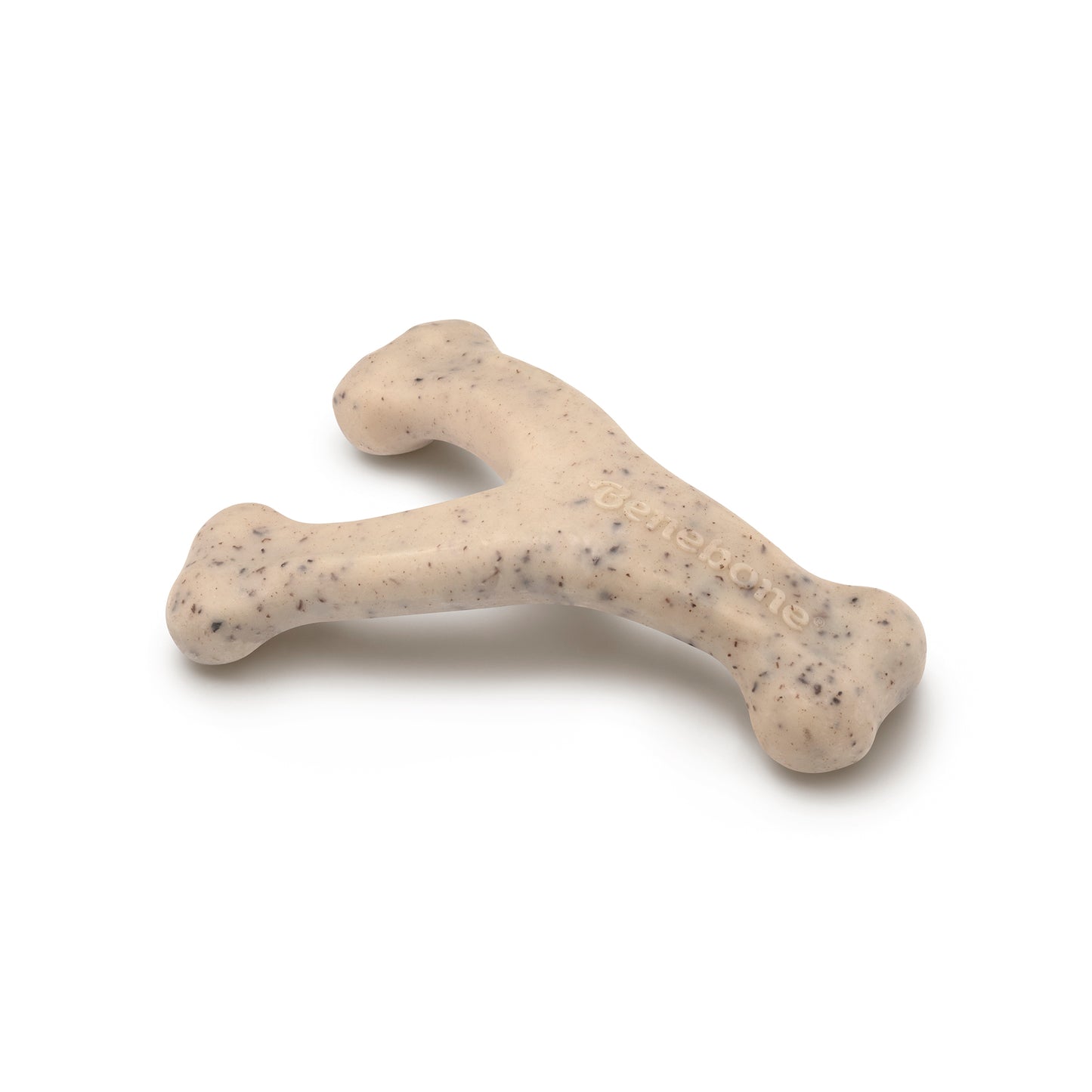 A green, Y-shaped dog chew with dark speckles and a slightly textured surface is shown on a white background. The word "Benebone" is embossed on one branch. Product: Green Wishbone by Benebone.