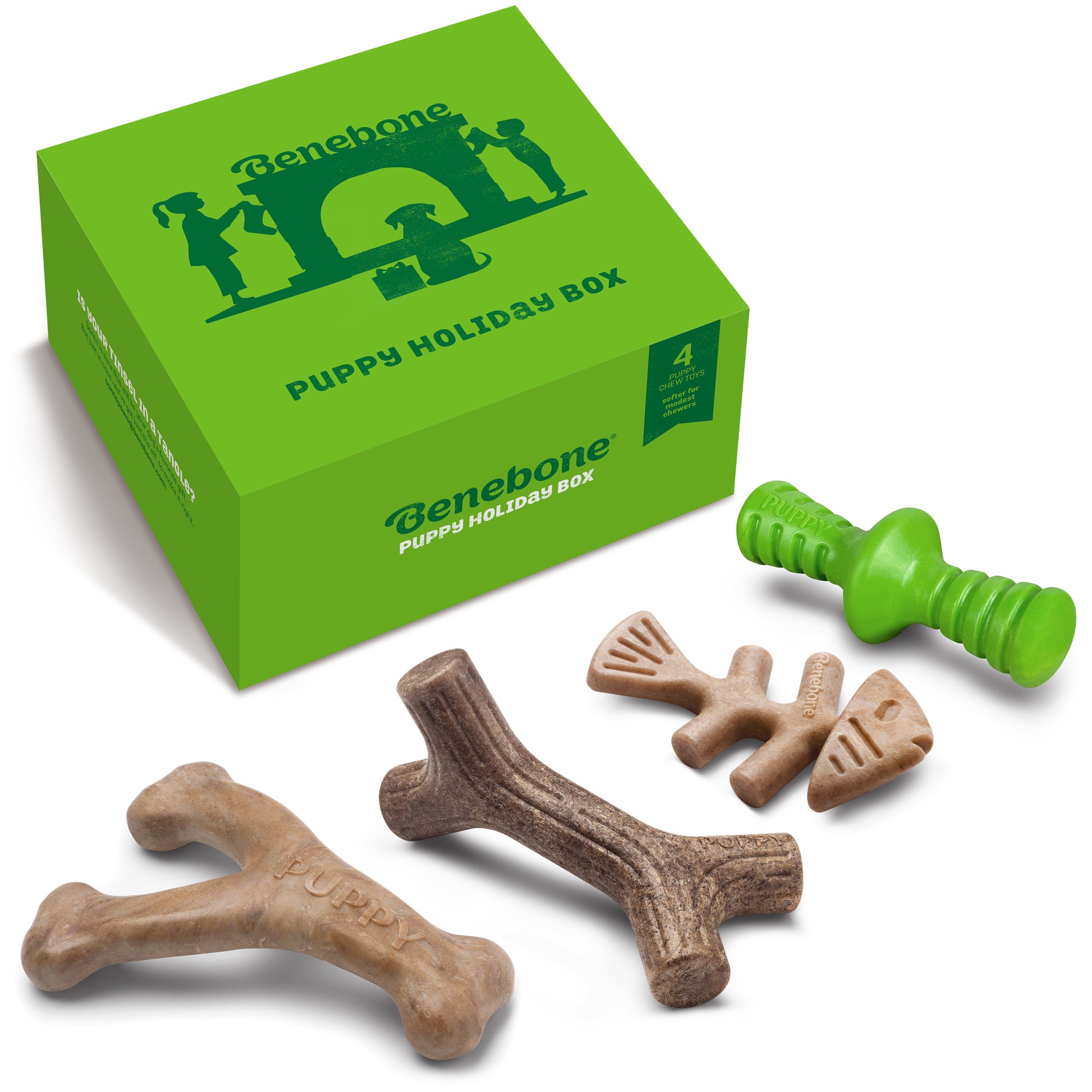 Benebone holiday gift box with puppy wishbone, maplestick, fishbone and rubber zaggler