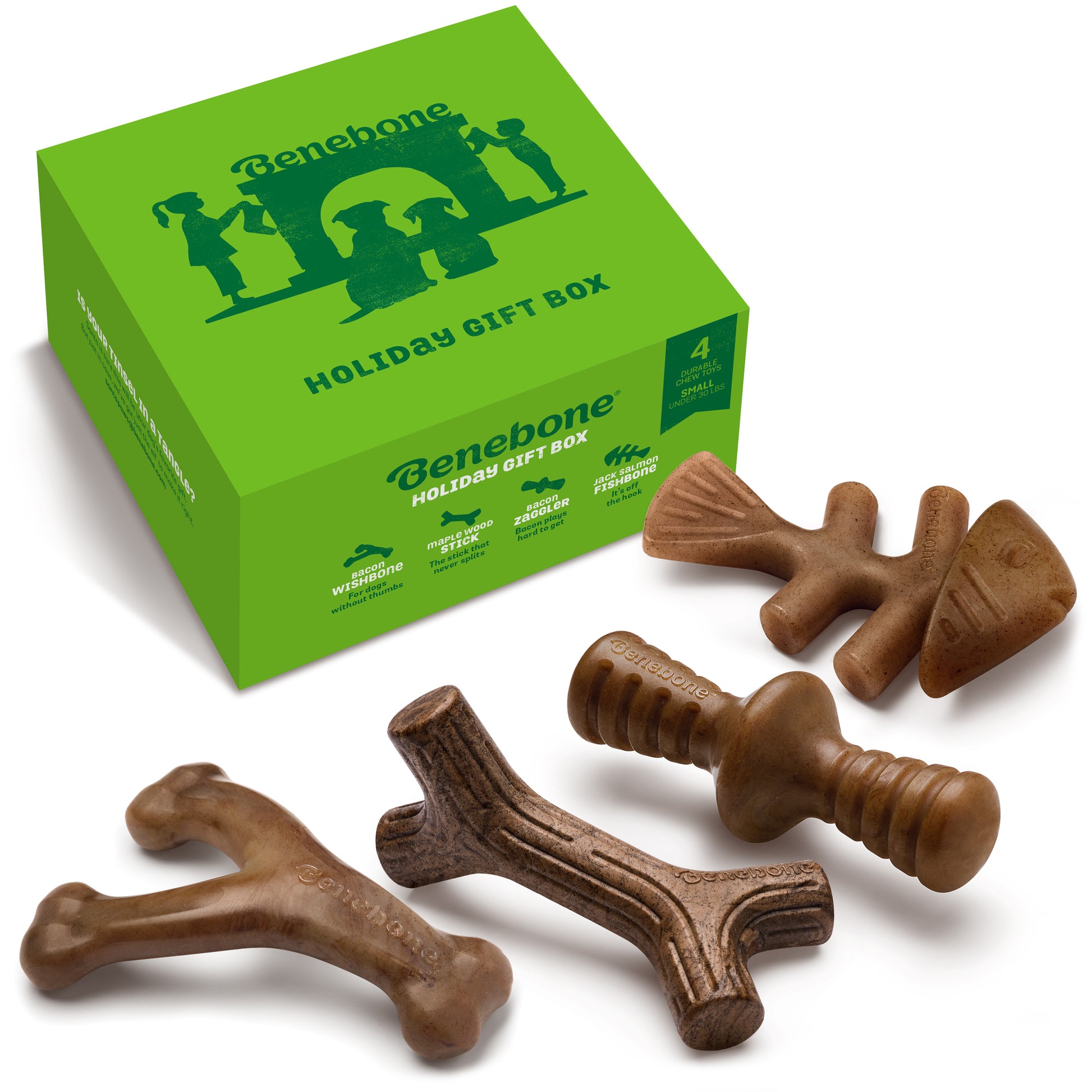 Benebone holiday gift box with wishbone, maplestick, fishbone and rubber zaggler