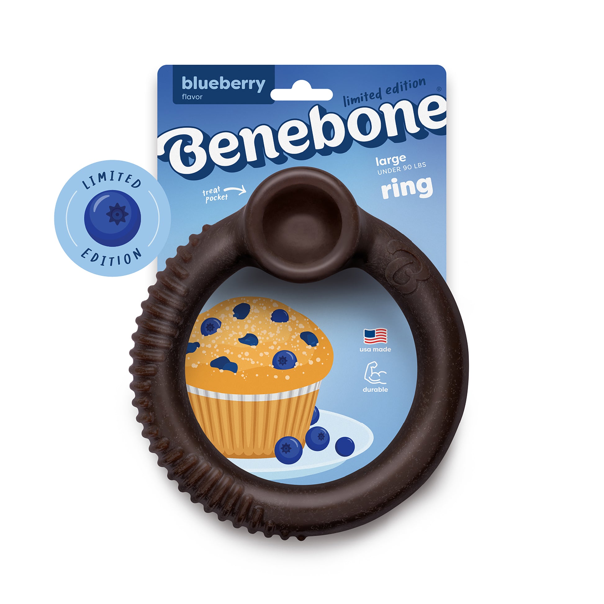 The Benebone Blueberry Ring is a limited edition, ring-shaped dog chew for large dogs with a blueberry flavor. Made in the USA, its packaging shows a cartoon muffin with blueberries and a limited edition badge.