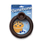 Benebone Blueberry Ring, a large brown circular chew toy with ridges, is shown on blue packaging with a muffin and blueberries. This USA-made dog toy is designed for large dogs.