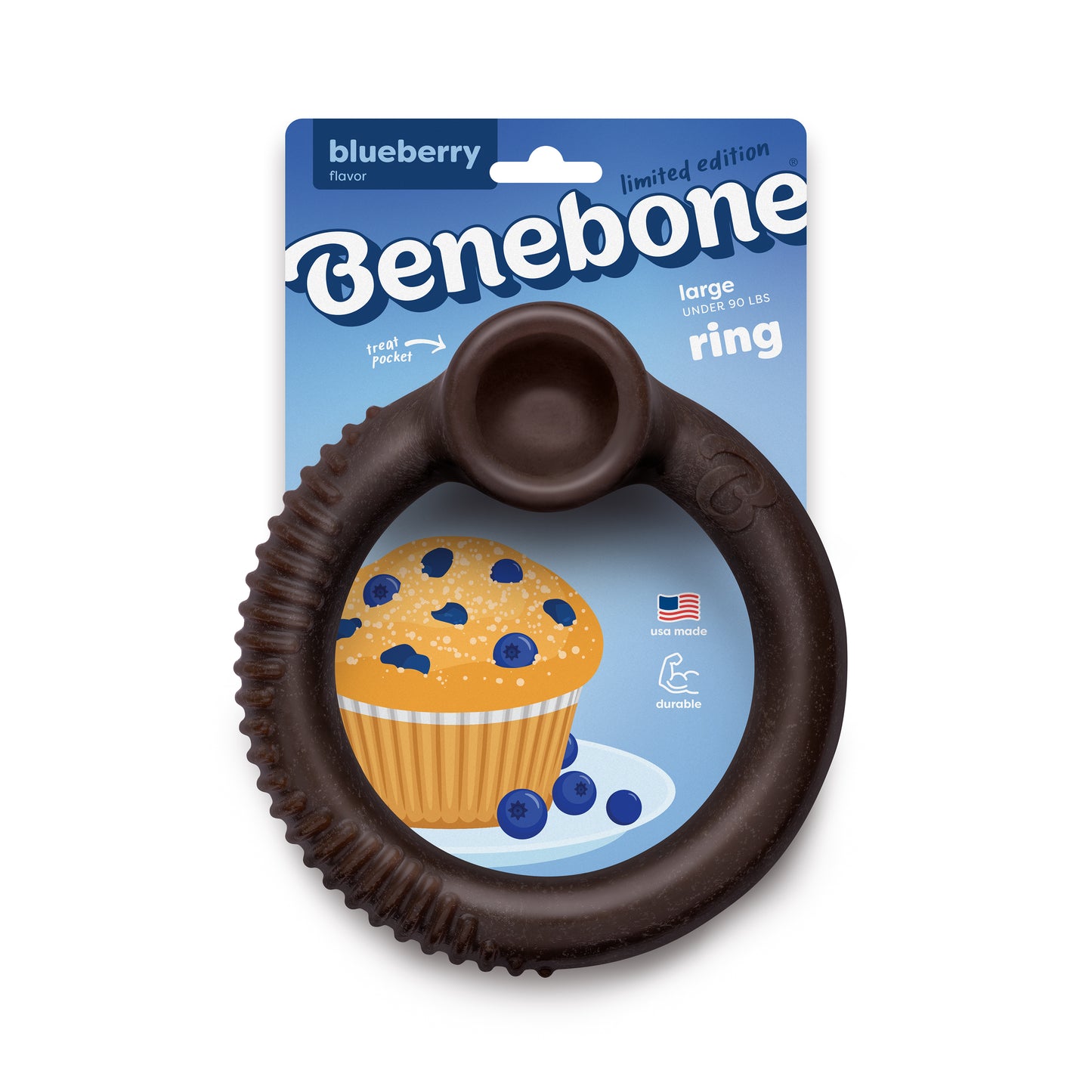 Benebone Blueberry Ring, a large brown circular chew toy with ridges, is shown on blue packaging with a muffin and blueberries. This USA-made dog toy is designed for large dogs.