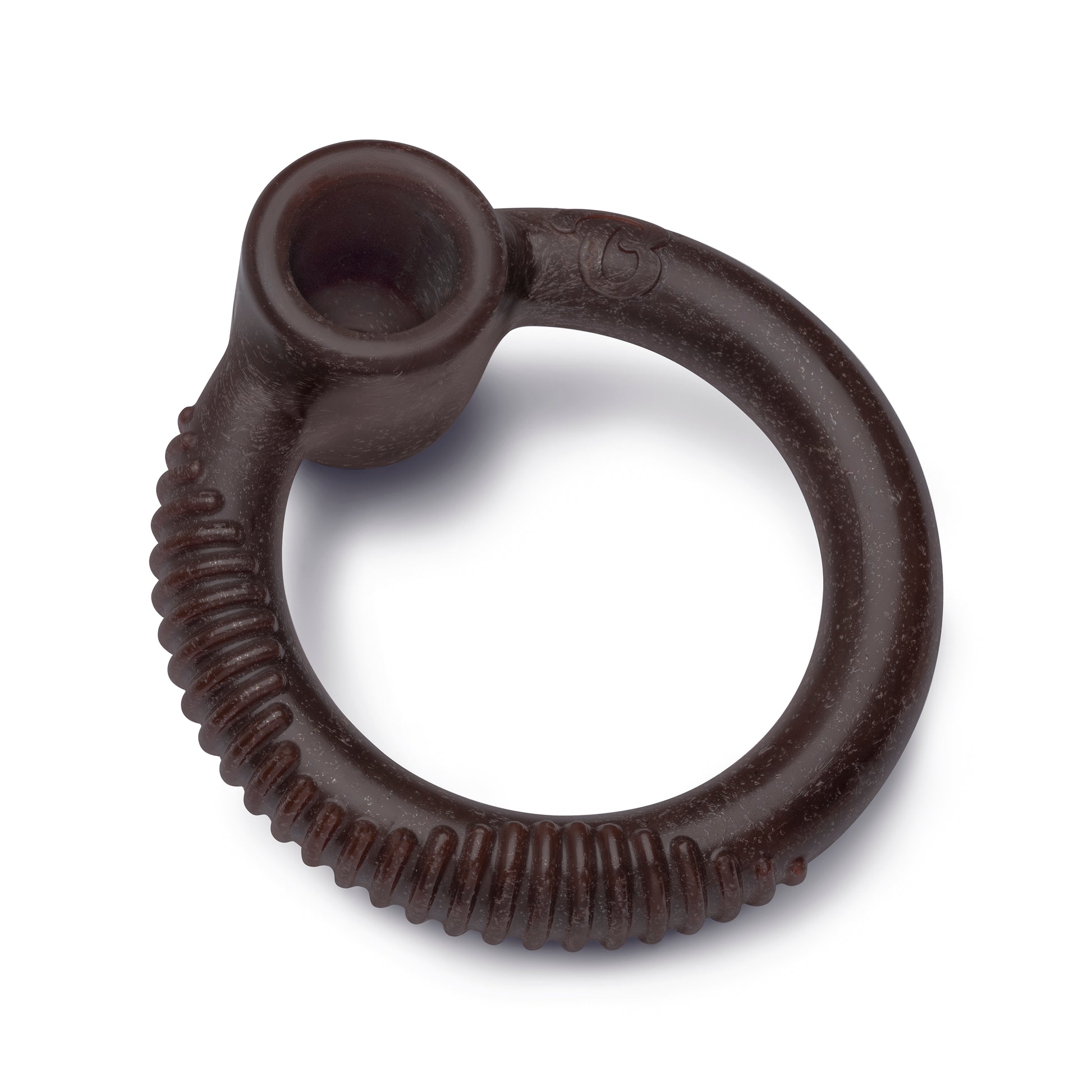 A dark brown Benebone Blueberry Ring dog chew toy with a smooth circular shape, textured ribbed section, and an attached cup-like feature, photographed on a white background.