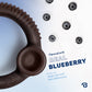 A Benebone Blueberry Ring chew toy is partially shown on a blue and white background with scattered blueberries. Text reads: Flavored with real blueberry. Dogs can tell the difference.