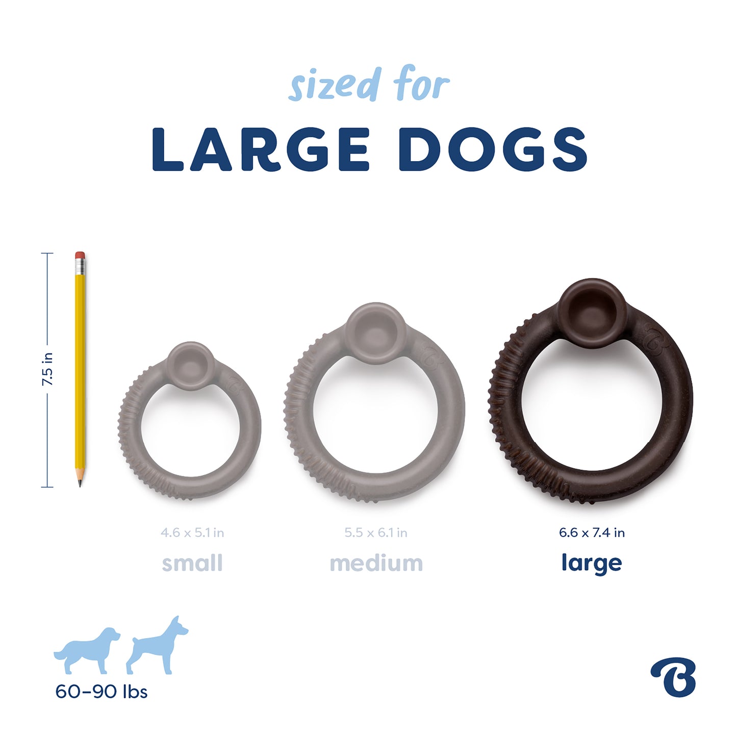Comparison of three Benebone Blueberry Ring chew toys (Small, Medium, Large) shown next to a 7.5-inch pencil. The Large size is for dogs 60-90 lbs. Text: Sized for LARGE DOGS.