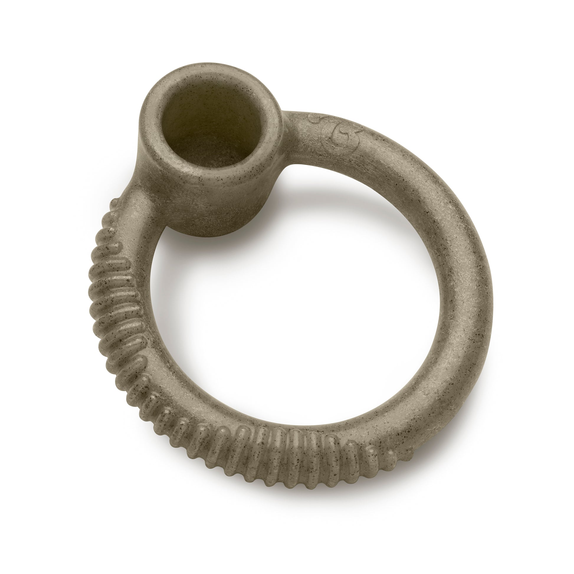 A round, textured, gray ring with a small cylindrical opening on one side, resembling a modern tool part—much like the Benebone Peppermint Ring dog chew.