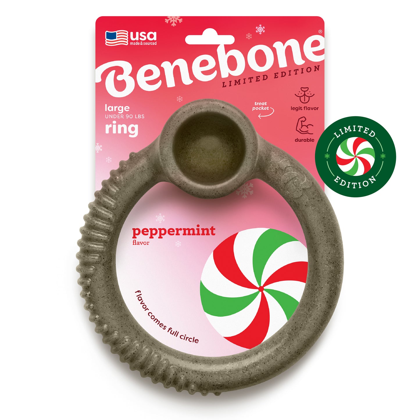 The Benebone Peppermint Ring is a large, limited edition holiday dog chew with a festive peppermint flavor, shown in packaging with a green Limited Edition badge and red-green peppermint swirl design.