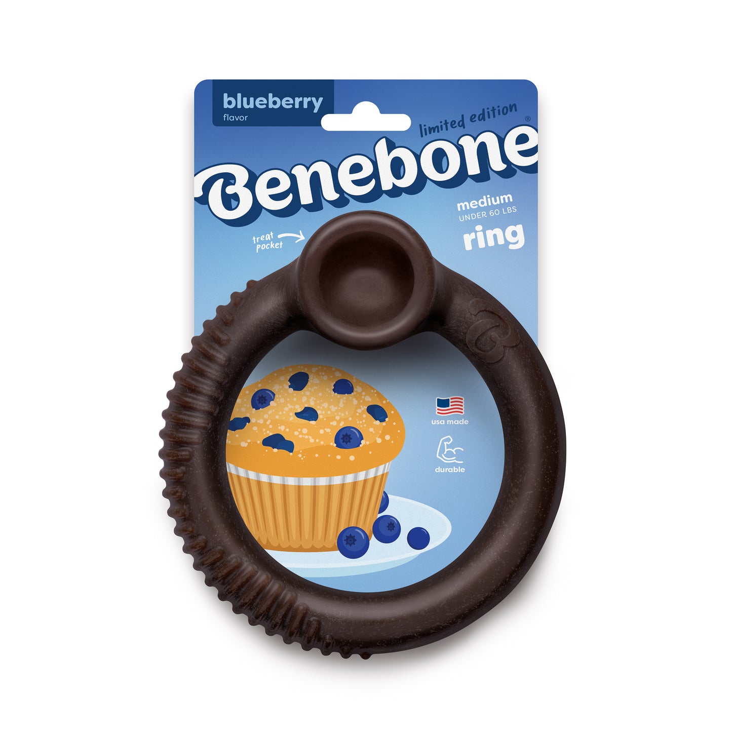 A Benebone Blueberry Ring dog chew toy, shaped like a brown ring, sits before packaging featuring a blueberry muffin and highlighting its blueberry flavor and limited edition medium size.