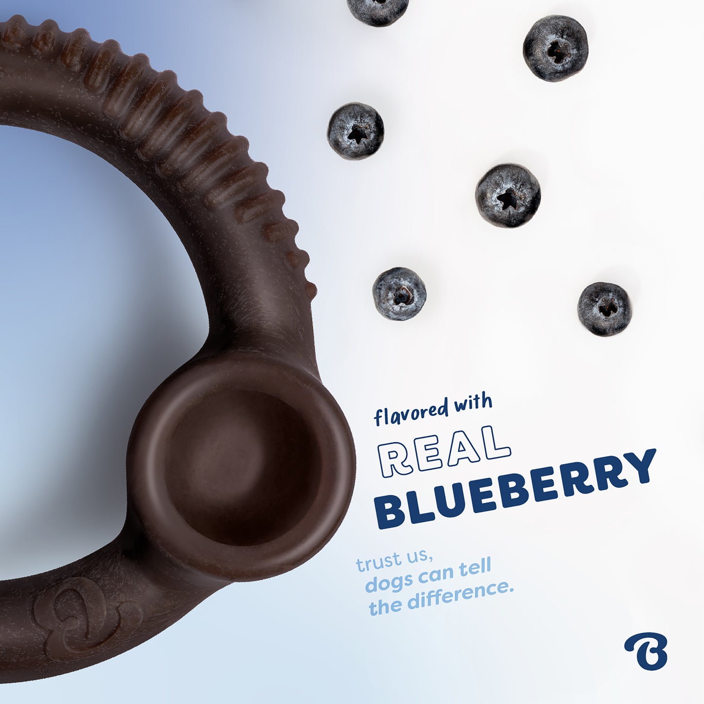 A Benebone Blueberry Ring dog chew toy is shown on a blue and white background with scattered blueberries. Text reads: flavored with REAL BLUEBERRY. Trust us, dogs can tell the difference.