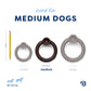 Comparison image shows three circle-shaped Benebone Blueberry Ring chew toys (small, medium, large) next to a 7.5-inch pencil for scale. The highlighted medium size suits dogs 30–60 lbs. Limited edition.