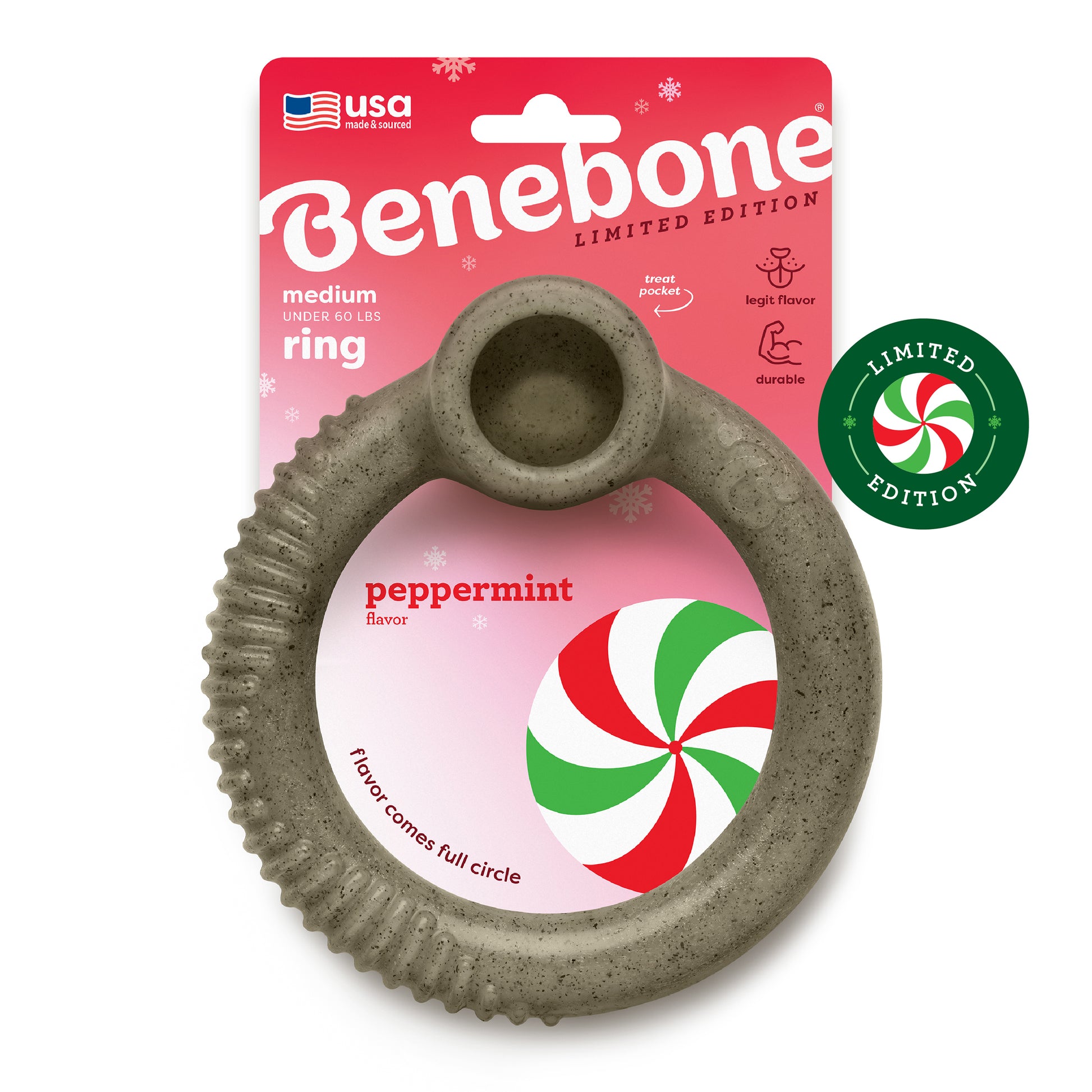 Benebone’s Peppermint Ring is a gray, textured chew for medium dogs under 60 lbs. This limited edition, peppermint-flavored toy comes in pink packaging with a peppermint swirl—perfect for the holidays.