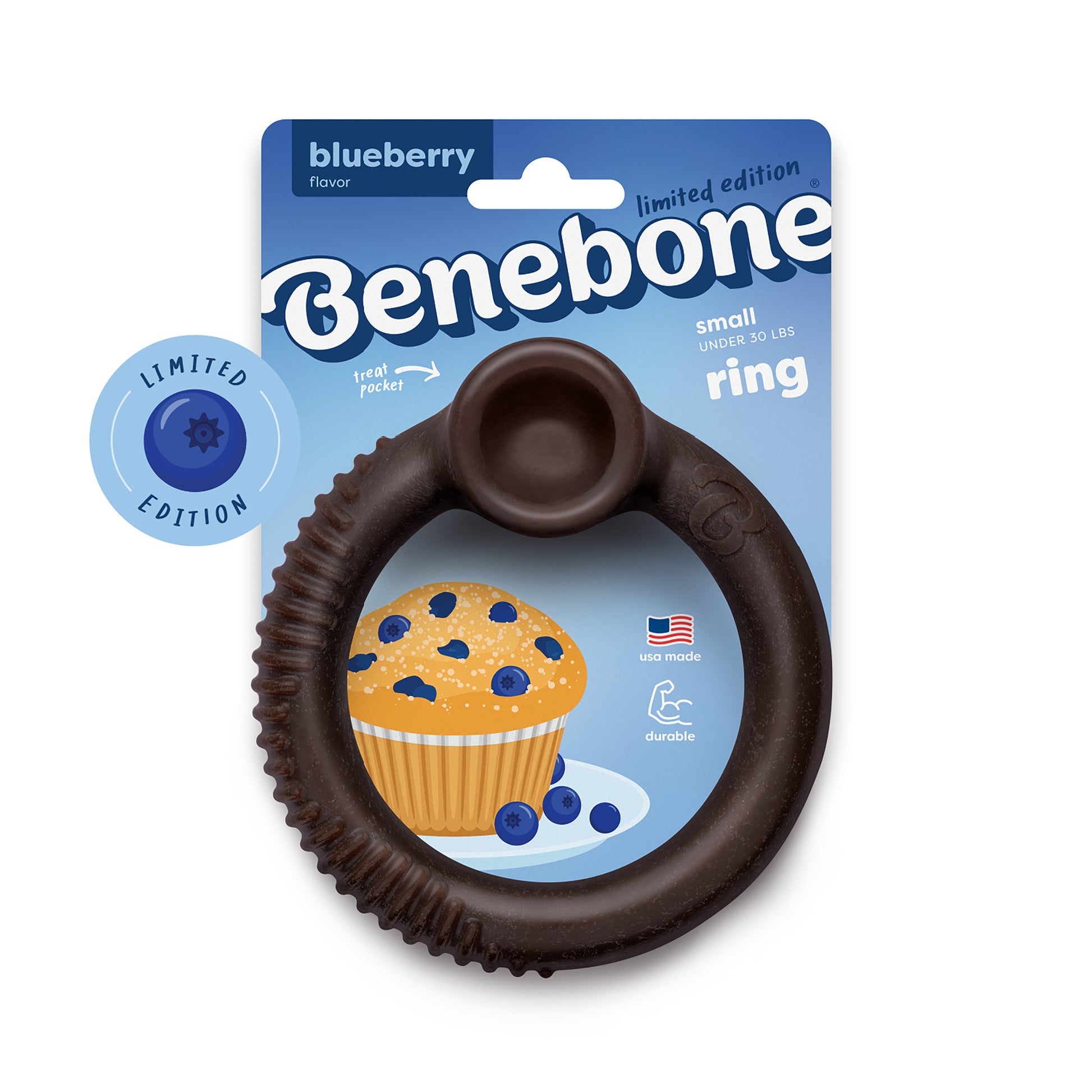 Benebone Blueberry Ring is a brown, blueberry-flavored chew toy for small dogs under 30 lbs, packaged on a blue card with a cupcake design and "Limited Edition" text.