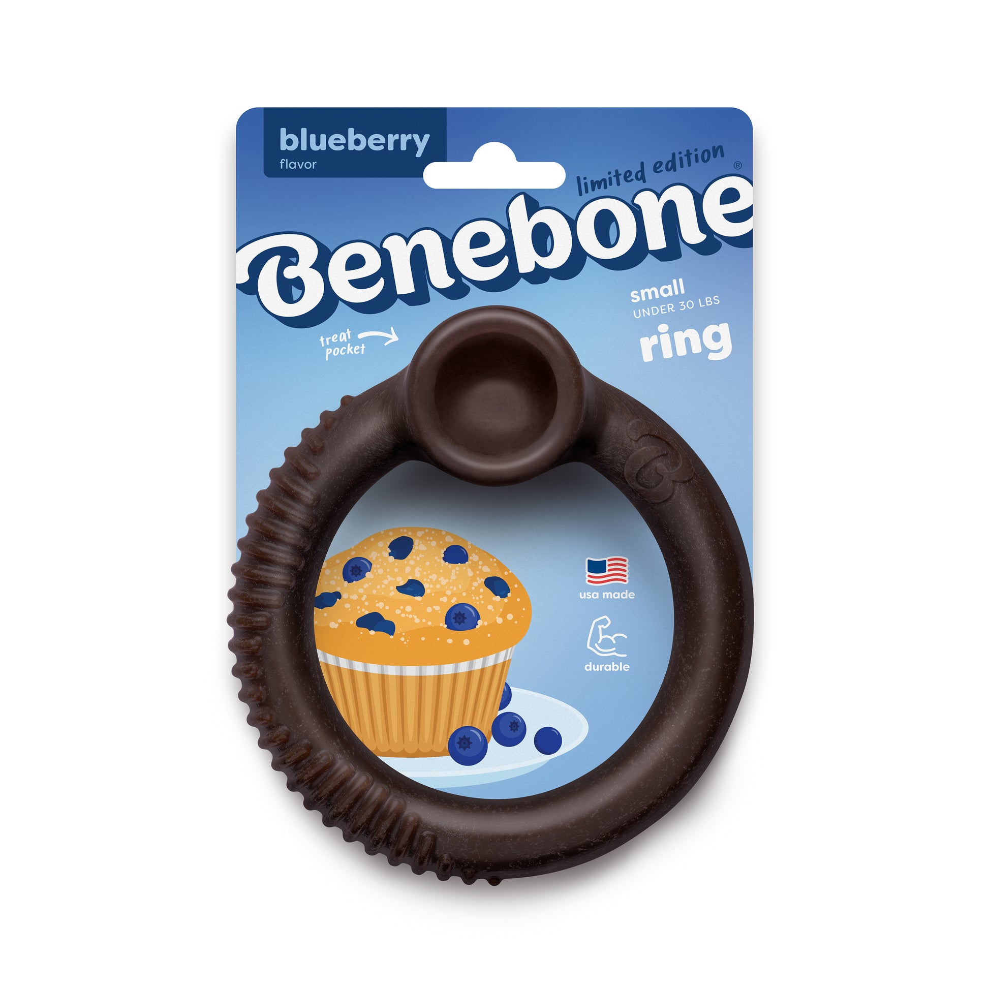 A Benebone Blueberry Ring dog chew toy, blueberry flavored, is shown in packaging with a cartoon blueberry muffin and text for small dogs under 30 lbs.
