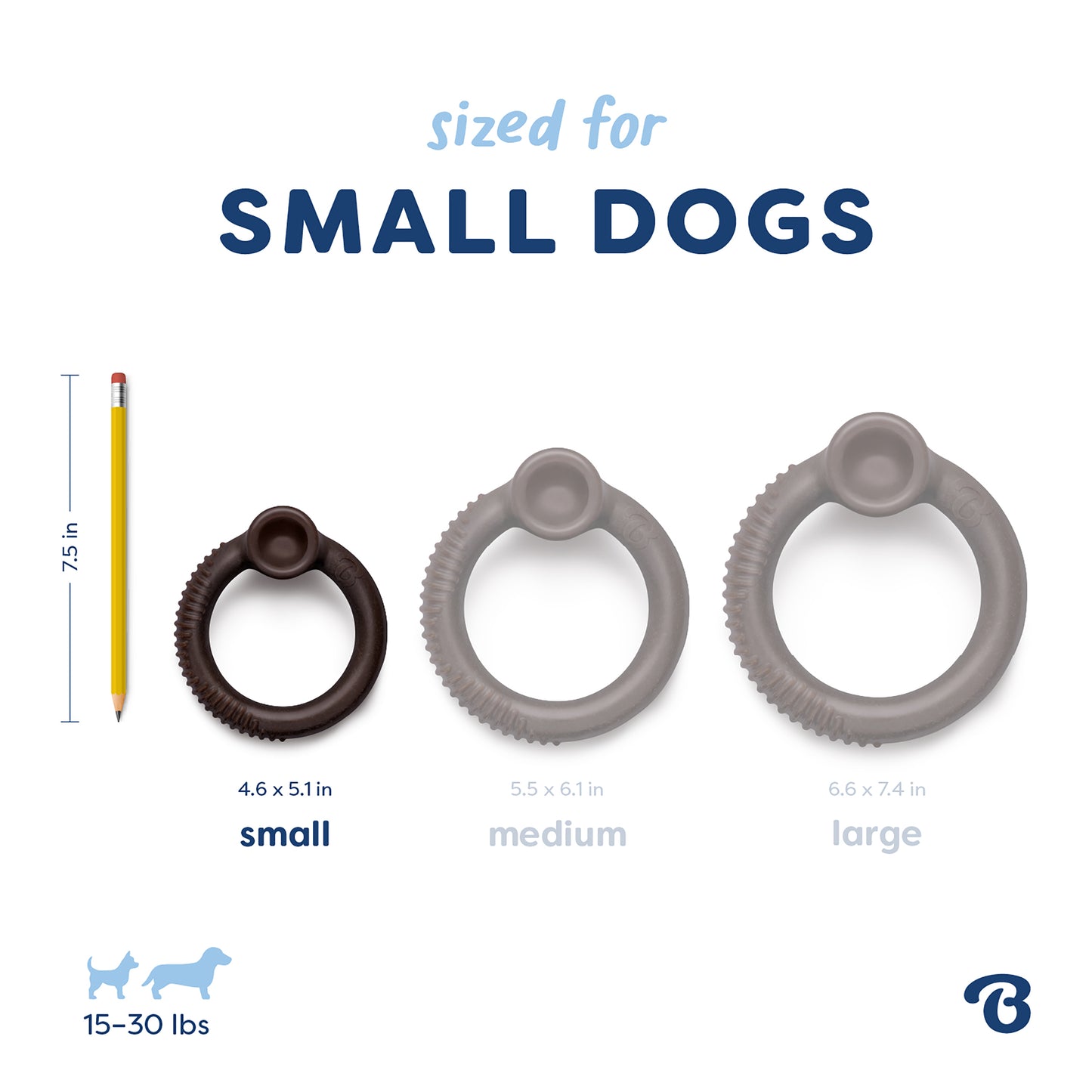 Three circular dog chew toys, including the Benebone Blueberry Ring, are shown in small, medium, and large sizes next to a pencil for scale. The small Benebone Blueberry Ring (4.6 x 5.1 in) suits dogs 15–30 lbs.