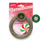 The Benebone Peppermint Ring, a gray textured holiday dog chew in peppermint flavor, is shown in red snowflake-themed packaging with a green Limited Edition badge featuring a peppermint candy.