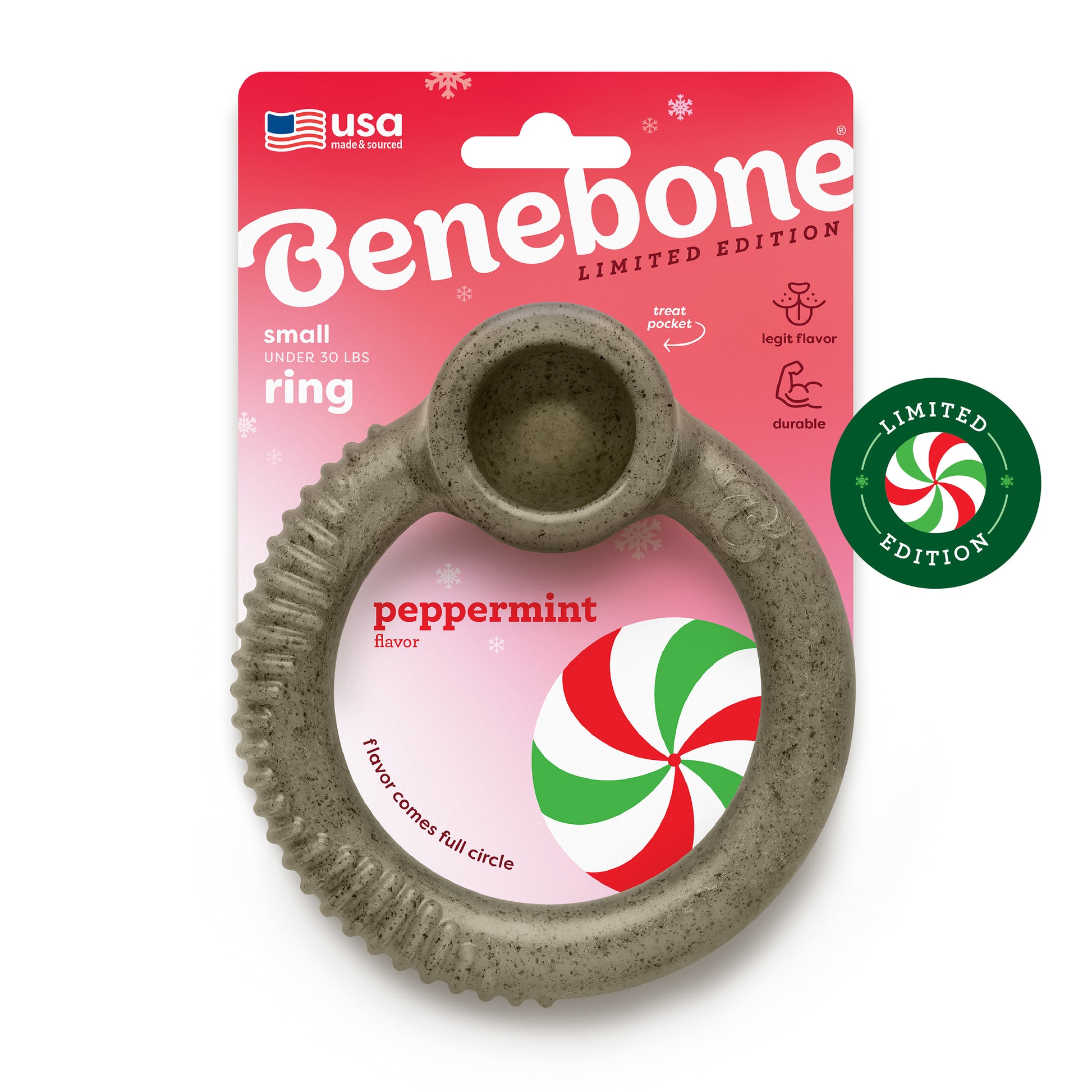 The Benebone Peppermint Ring, a gray textured holiday dog chew in peppermint flavor, is shown in red snowflake-themed packaging with a green Limited Edition badge featuring a peppermint candy.