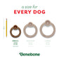 The Benebone Peppermint Ring holiday dog chew comes in small (for dogs under 30 lbs), medium (under 60 lbs), and large (under 90 lbs) sizes, each compared to a 7.5-inch pencil with dimensions shown below.
