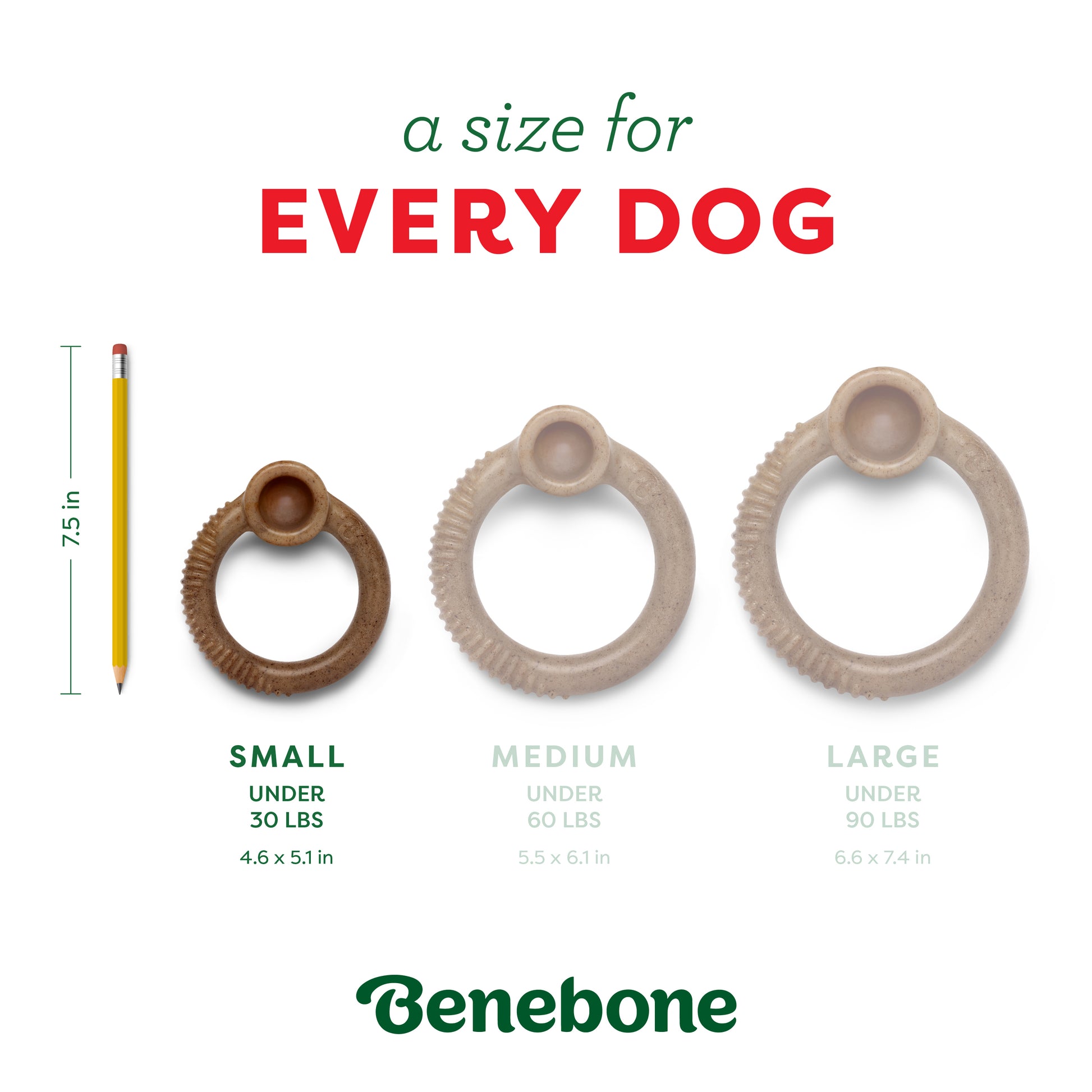 The Benebone Peppermint Ring holiday dog chew comes in small (for dogs under 30 lbs), medium (under 60 lbs), and large (under 90 lbs) sizes, each compared to a 7.5-inch pencil with dimensions shown below.