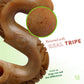 Tripe bone closeup image showing pieces or tripe. Text reads: flavored with real tripe. Trust us, dogs can tell the difference.