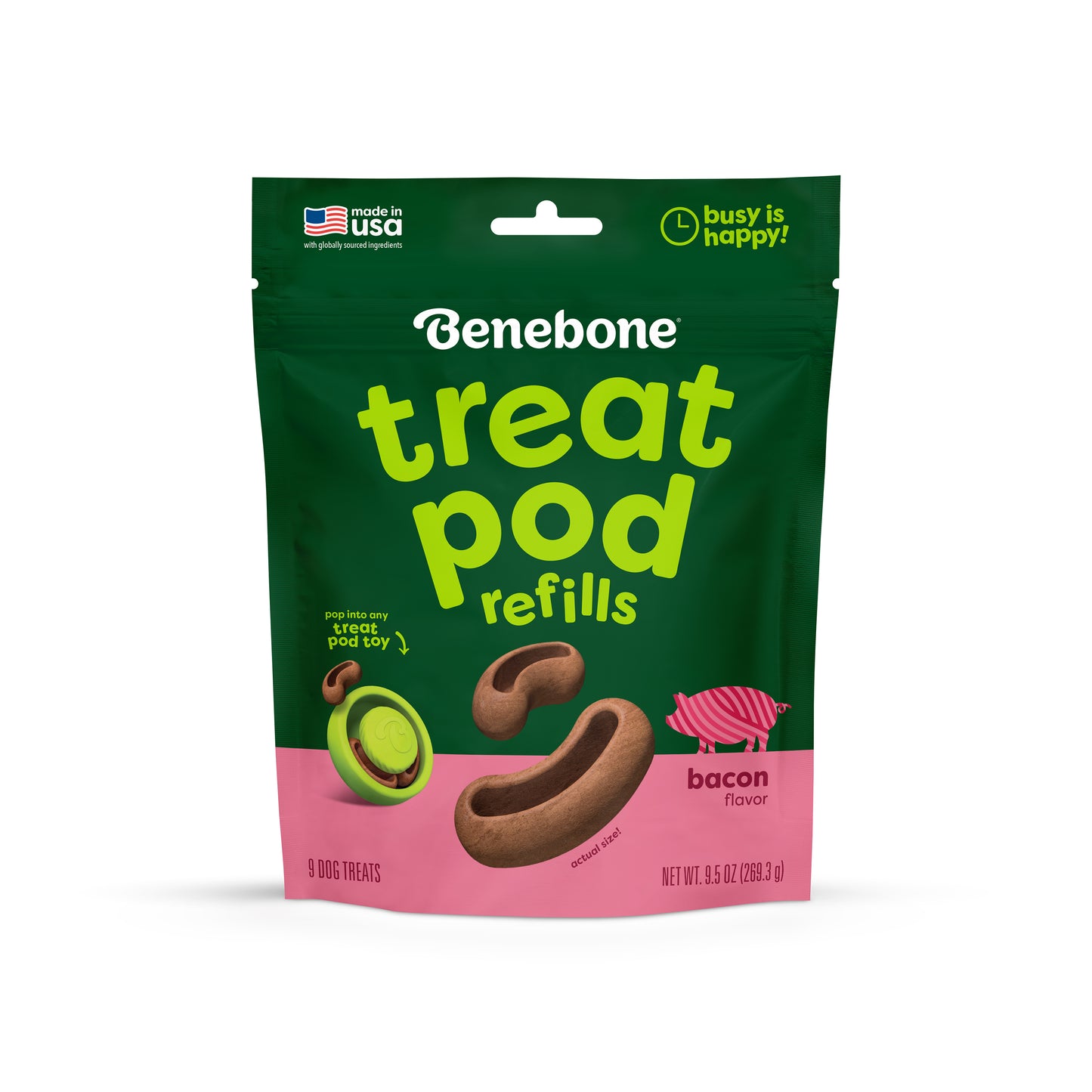 A green and pink bag of Benebone Treat Pod for Tongue Twister refills, bacon flavor, featuring dog treat images and product branding. Designed for use with interactive dog toys, the bag highlights that it’s made in the USA and is perfect for filling your dog's favorite Benebone Treat Pods.