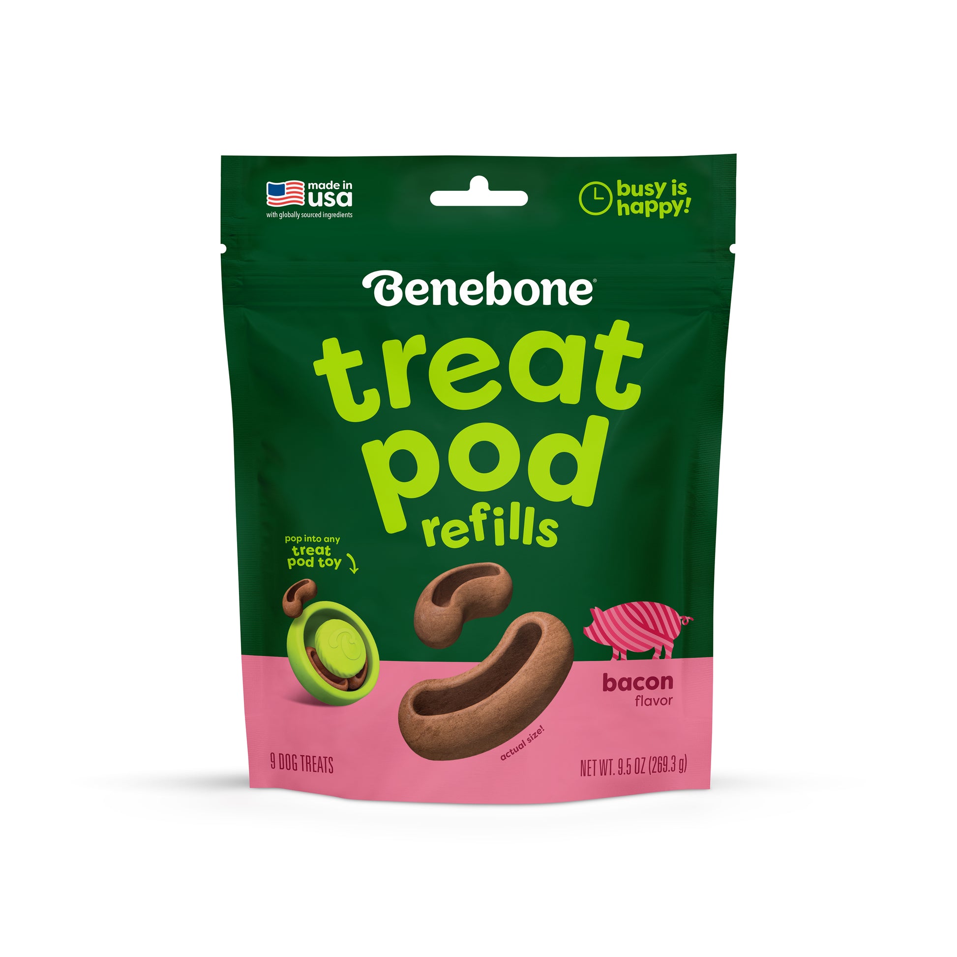 A green and pink bag of Benebone Treat Pod for Tongue Twister refills, bacon flavor, featuring dog treat images and product branding. Designed for use with interactive dog toys, the bag highlights that it’s made in the USA and is perfect for filling your dog's favorite Benebone Treat Pods.