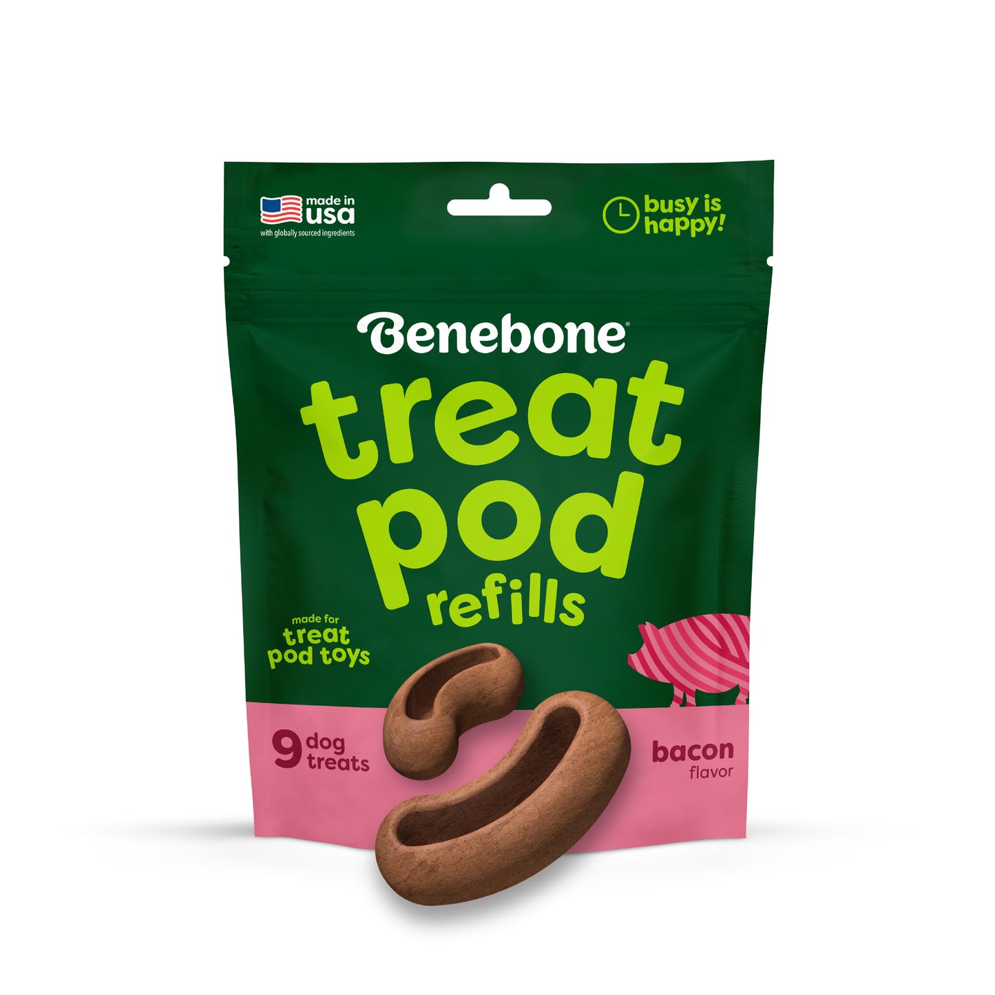 A green and pink bag of Benebone Treat Pod for Tongue Twister, bacon flavor, displays two brown pod-shaped dog treats, with text noting 9 treats per bag. Specially designed for interactive dog toys, these refills keep playtime tasty and fun for your pup.