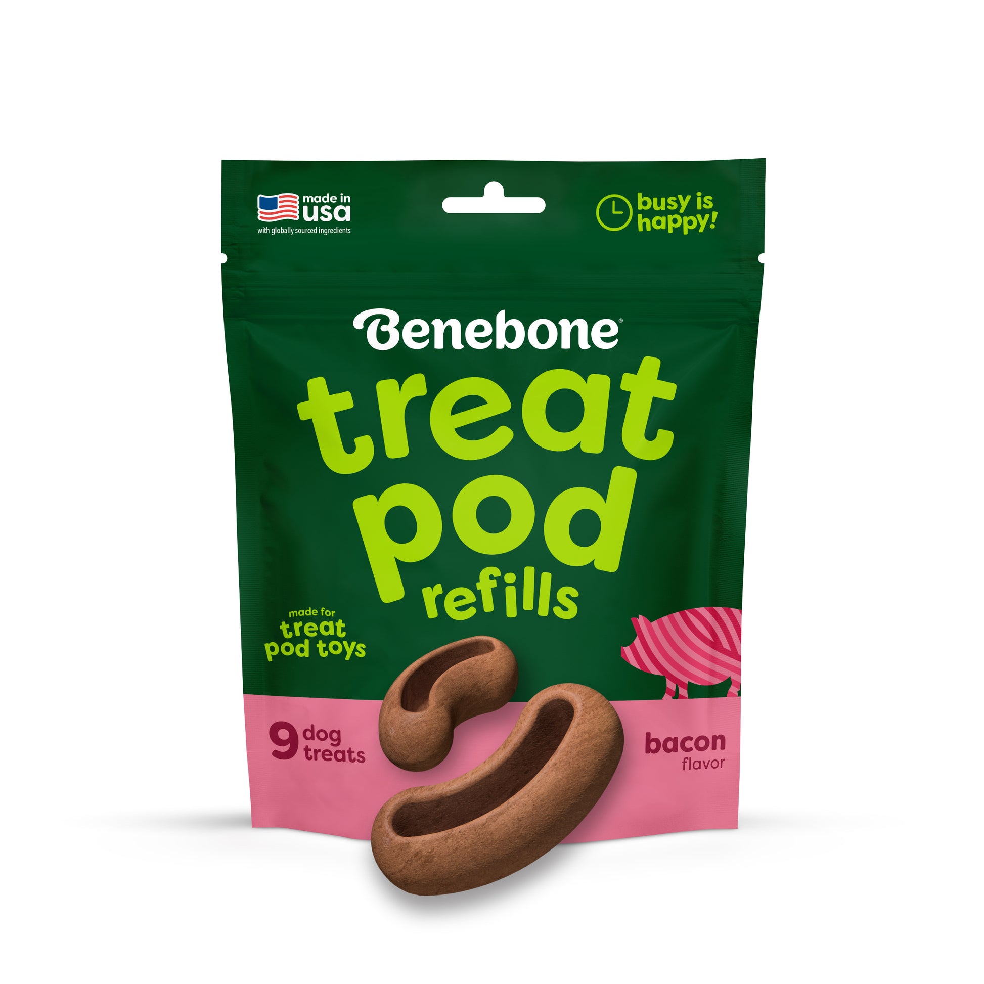 A green and pink bag of Benebone Treat Pod for Tongue Twister, bacon flavor, displays two brown pod-shaped dog treats, with text noting 9 treats per bag. Specially designed for interactive dog toys, these refills keep playtime tasty and fun for your pup.