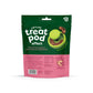 A package of Benebone Treat Pod for Tongue Twister labeled “treat pod effect” with bacon-flavored dog treats and a green treat pod, featuring feeding guidelines, a cartoon dog illustration, and pink and dark green colors—perfect for pairing with interactive dog toys.