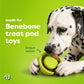 A Dalmatian licks a green Benebone Treat Pod for Tongue Twister on a vibrant green background. Text reads: “made for Benebone Treat Pod Refills” and “Tongue Twister,” with an arrow pointing to the toy to highlight the interactive dog toy’s playful challenge. Perfect for peanut butter treats, this fun scene shows just how irresistible treat time with Benebone can be!.