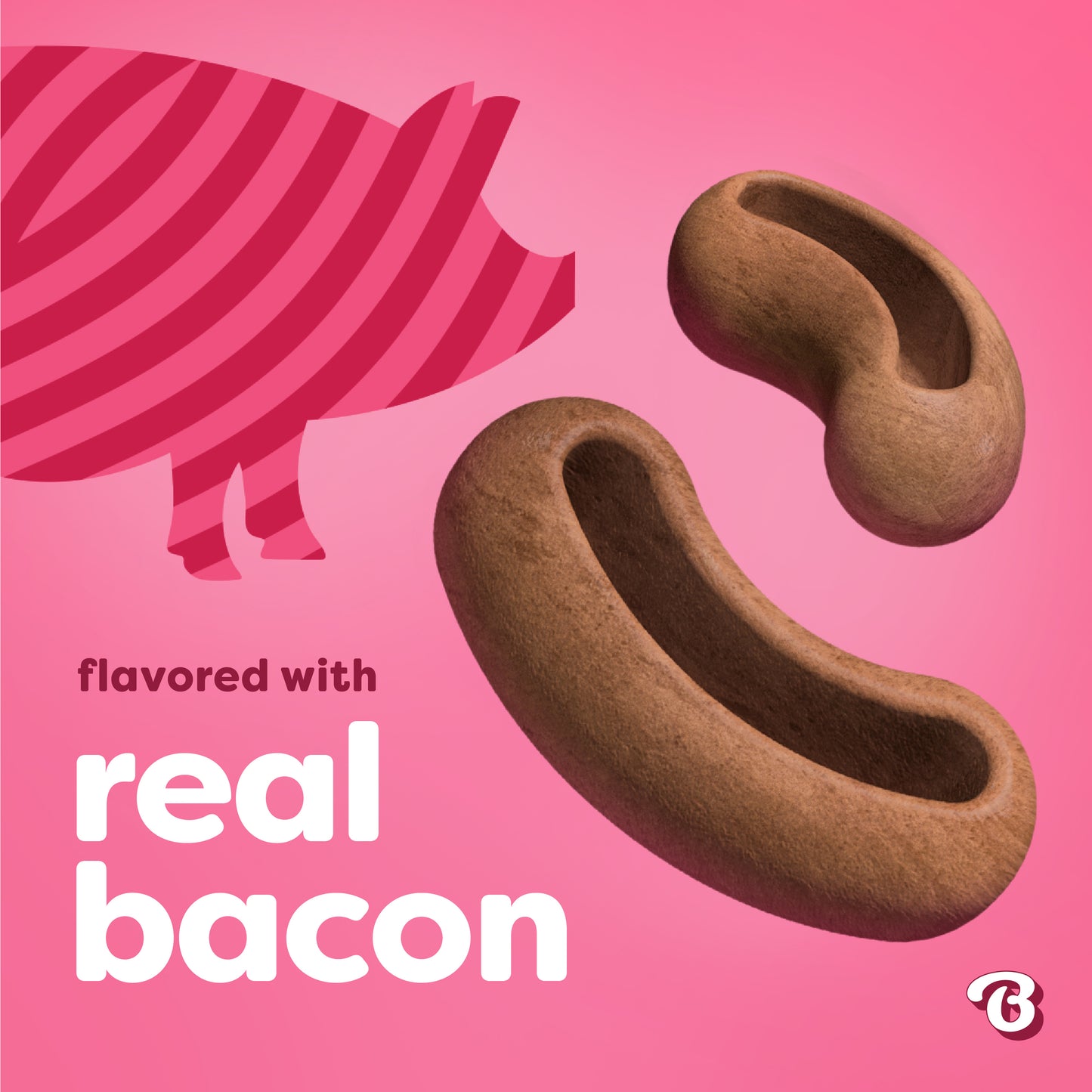 A pink background featuring a pig illustration, two brown bacon-shaped dog treats, and the bold white text "flavored with real bacon" make this design perfect for showcasing Benebone’s Treat Pod for Tongue Twister or any interactive dog toys that use tasty dog treats.