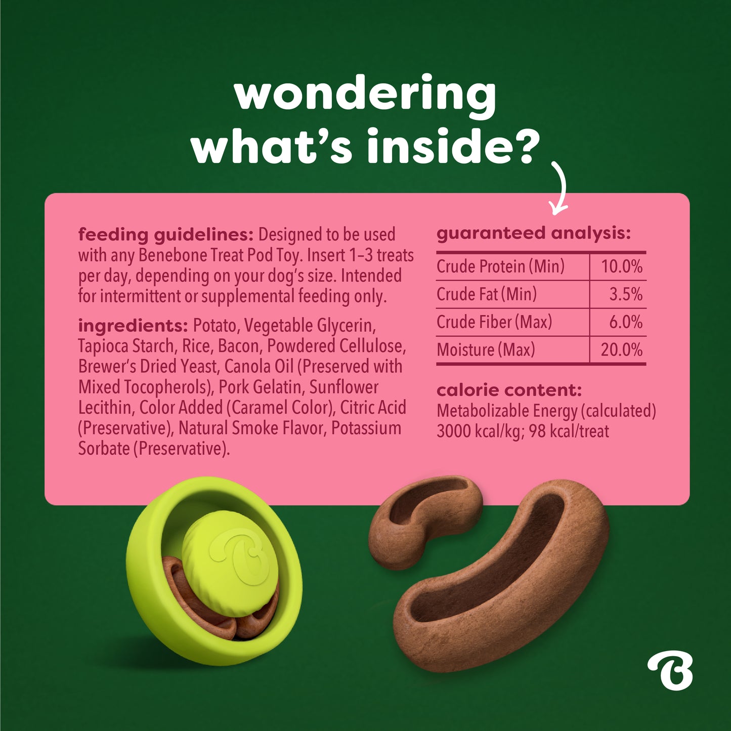 Green and yellow treat dispenser with brown treats; text provides feeding guidelines, ingredient list, nutrition analysis, and calorie info for Benebone Treat Pod for Tongue Twister dog treats on a green background—perfect for use with interactive dog toys.