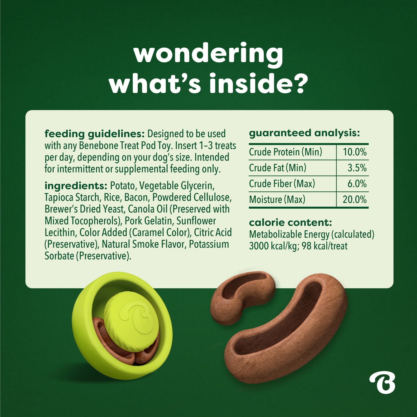 Green and brown Benebone Treat Pod for Tongue Twister refills with feeding guidelines, ingredient list, guaranteed analysis, and calorie content for dog treats displayed on a green background. White text at the top reads, "Wondering what's inside? Perfect for use with interactive dog toys.