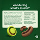 Green and brown Benebone Treat Pod for Tongue Twister refills are displayed on a green background along with feeding guidelines, an ingredient list, nutritional analysis, and calorie content. Perfect for use with interactive dog toys.