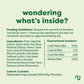 Green graphic with text listing feeding guidelines, ingredients, calorie content, and guaranteed analysis for the Benebone Treat Pod for Tongue Twister dog treats, highlighting what’s inside. Perfect for pairing with interactive dog toys like Benebone Treat Pod Refills. A Benebone "B" logo appears in the bottom right corner.