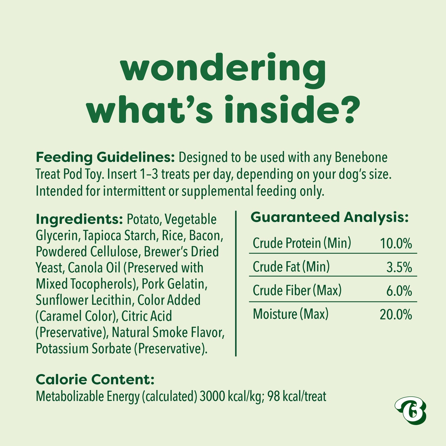 Green image displays ingredient and nutrition information for the Benebone Treat Pod for Tongue Twister, including feeding guidelines, a detailed ingredient list, guaranteed analysis, and calorie content—ideal for use with interactive dog toys. The text is clear and easy to read.