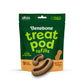 Green and brown bag of Benebone Treat Pod for Tongue Twister dog treats, peanut butter flavor, featuring images of the treats on the front. The package indicates it contains 9 dog treats and highlights that they are made for use with interactive dog toys like treat pod toys.