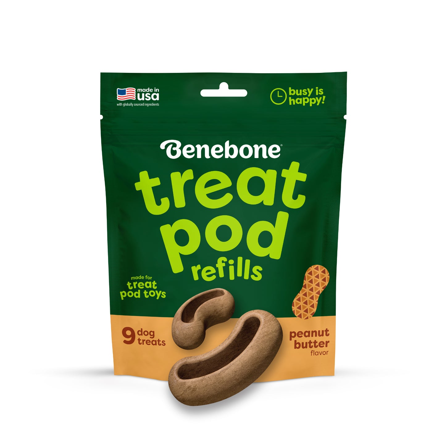 Green and brown bag of Benebone Treat Pod for Tongue Twister dog treats, peanut butter flavor, featuring images of the treats on the front. The package indicates it contains 9 dog treats and highlights that they are made for use with interactive dog toys like treat pod toys.