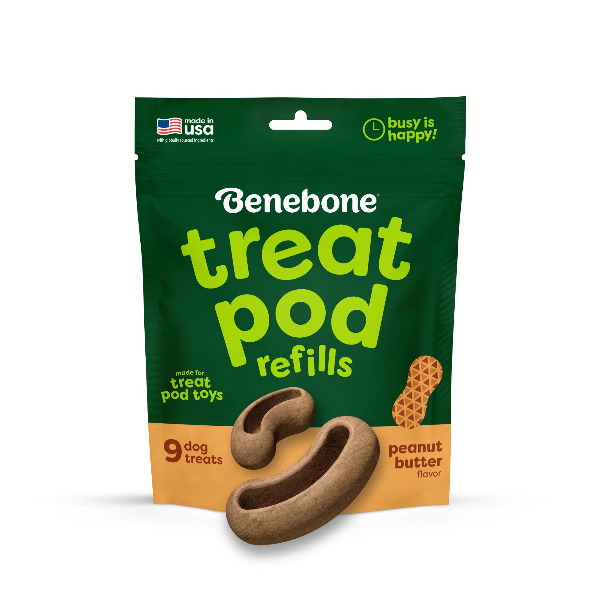 Green and brown bag of Benebone Treat Pod for Tongue Twister dog treats, peanut butter flavor, featuring images of the treats on the front. The package indicates it contains 9 dog treats and highlights that they are made for use with interactive dog toys like treat pod toys.