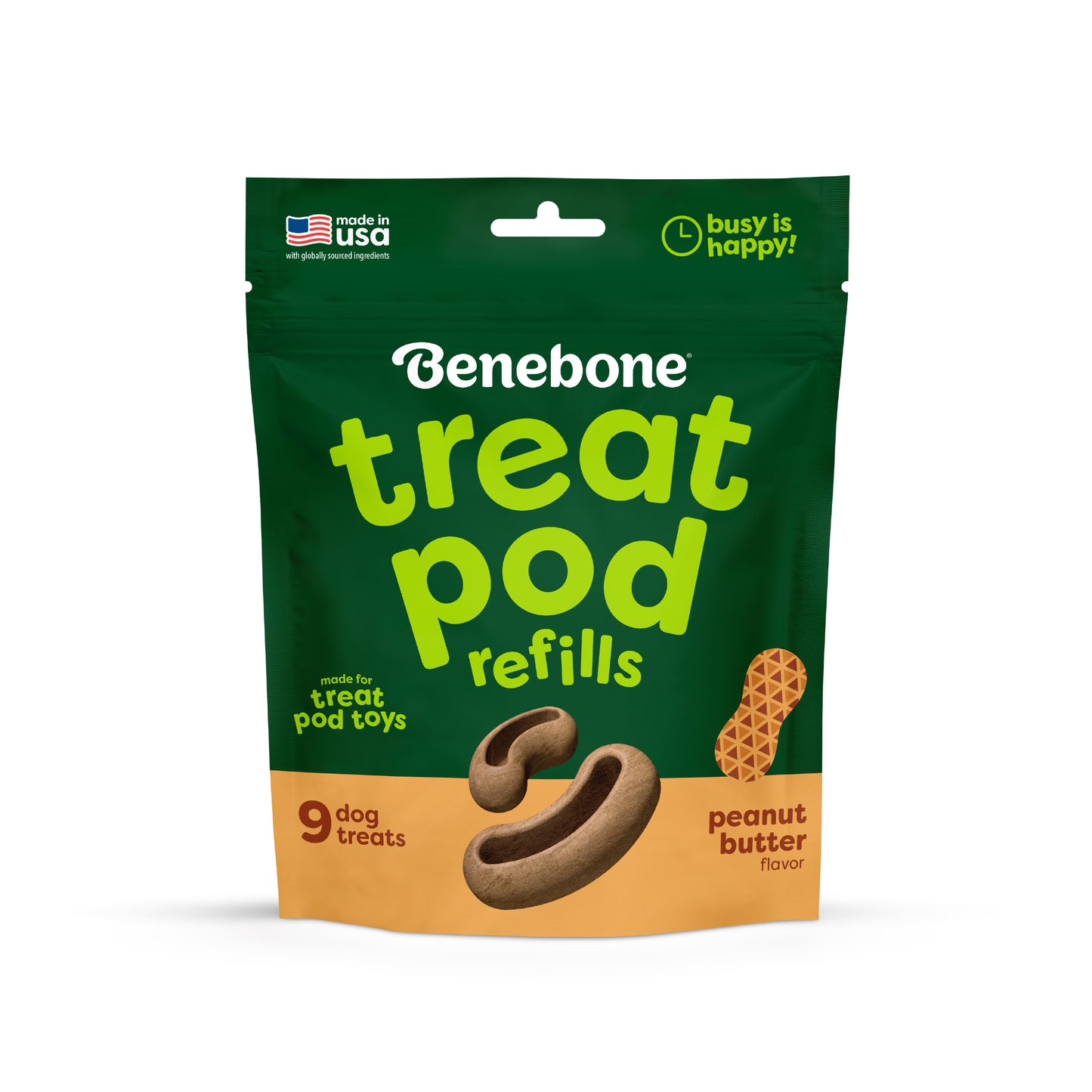 A green and orange Benebone bag labeled "Treat Pod for Tongue Twister," peanut butter flavor, contains 9 dog treats. The package shows a peanut illustration, is made in the USA, and offers both delicious taste and mental stimulation for your pup.