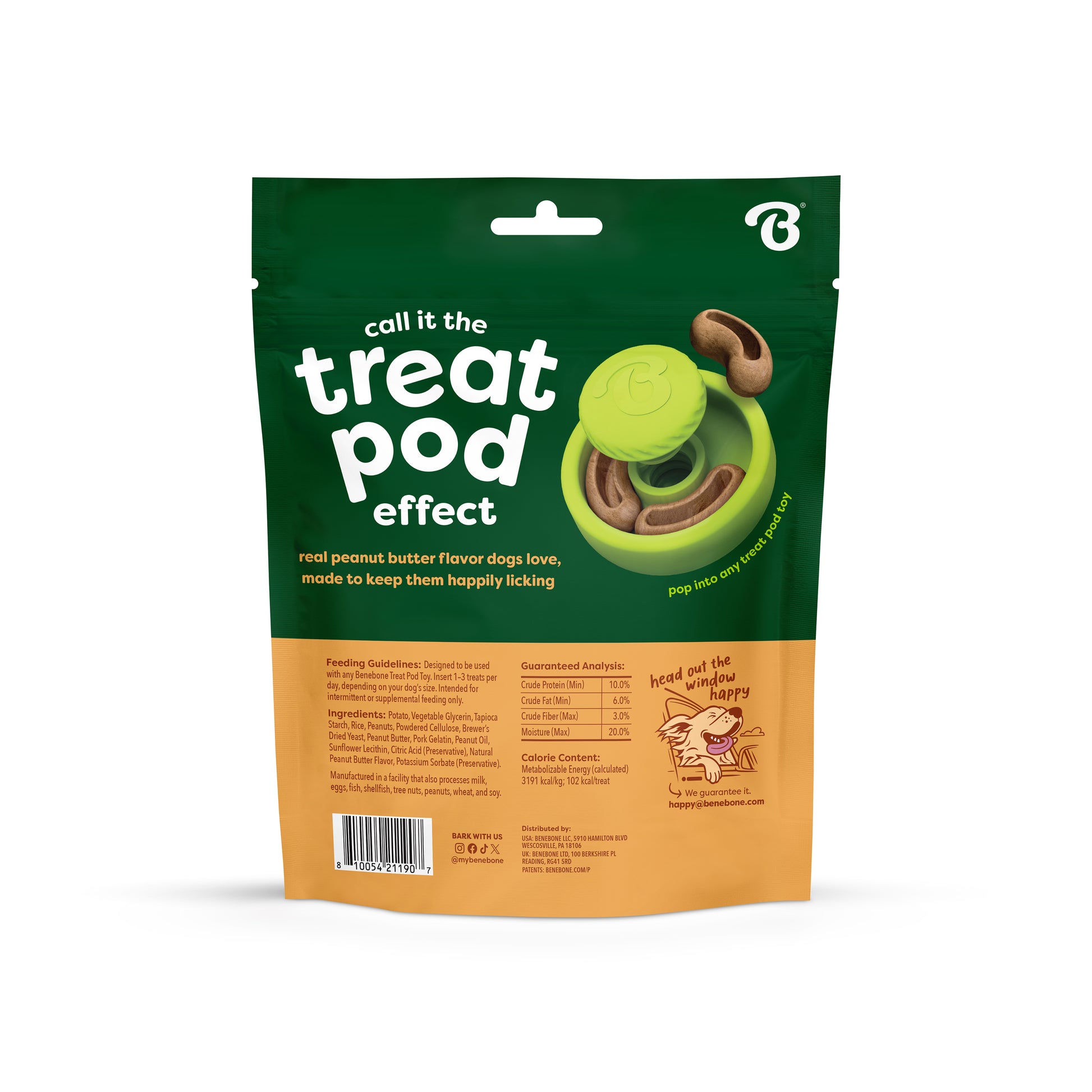 A green and orange bag of Benebone Treat Pod for Tongue Twister, labeled "treat pod effect," featuring peanut-shaped treats and a green treat pod on the front. Ideal for use with interactive dog toys, the packaging provides feeding guidelines and nutritional information to help support your dog's mental stimulation during playtime.