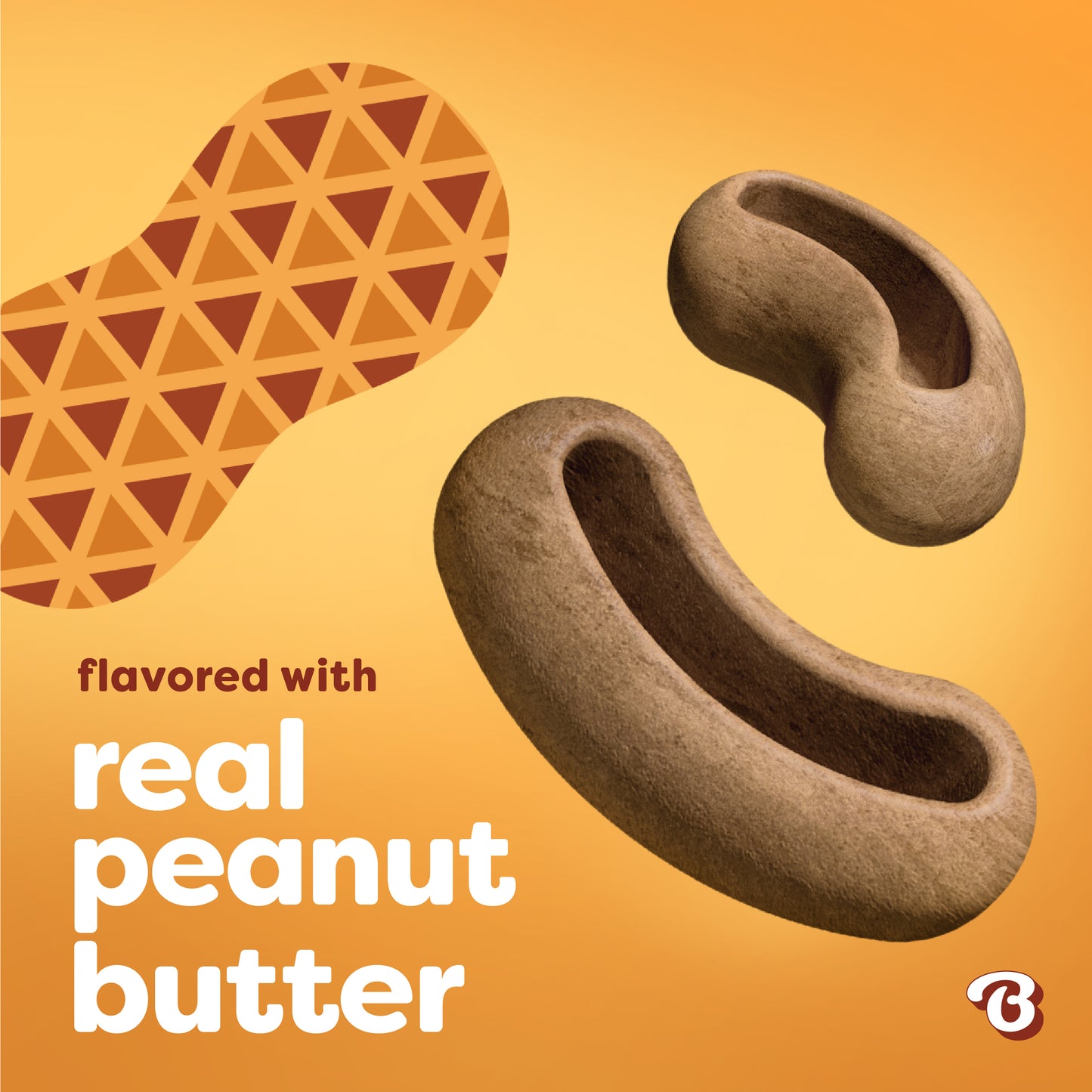 Three peanut-shaped dog treats by Benebone on an orange background, featuring the text "flavored with real peanut butter" in white and brown lettering—ideal as Treat Pod for Tongue Twister refills or as delicious dog treats for interactive play.
