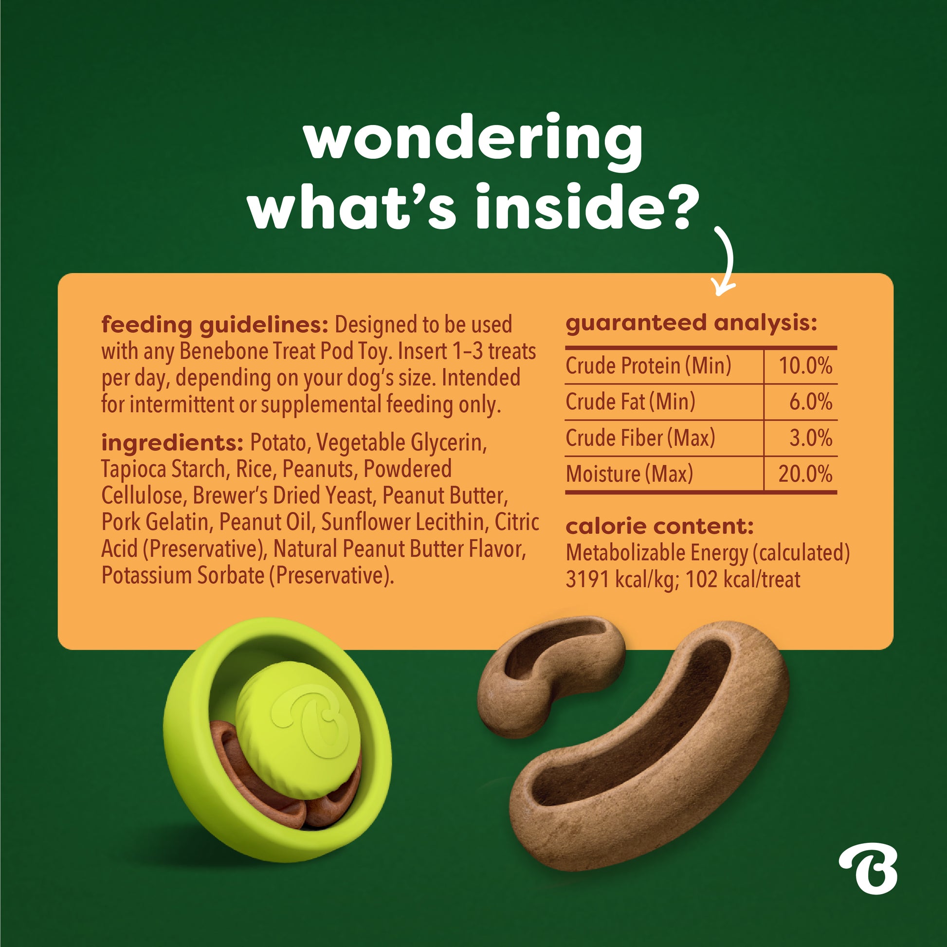 Two dog treats—one green and one brown—are displayed on a green background next to the Benebone Treat Pod for Tongue Twister. The text highlights feeding guidelines, guaranteed analysis, calorie content, and a list of ingredients for these interactive dog treats.