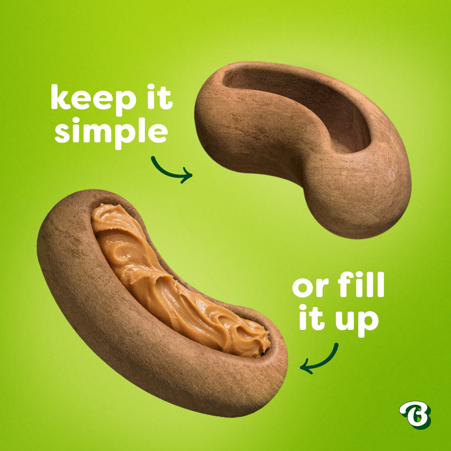 A split image displays a plain, bean-shaped Treat Pod for Tongue Twister with the phrase "keep it simple," alongside another pod stuffed with creamy peanut butter and labeled "or fill it up," all set against a vibrant green background—perfect for highlighting how Benebone Treat Pod refills can transform interactive dog toys into an engaging challenge packed with irresistible treats.